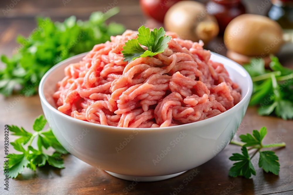 Fresh Ground Turkey in a Clean White Bowl Ready for Cooking and Meal Preparation on Countertop Fresh Ground Turkey in a Clean White Bowl Ready for Cooking and Meal Preparation on Countertop