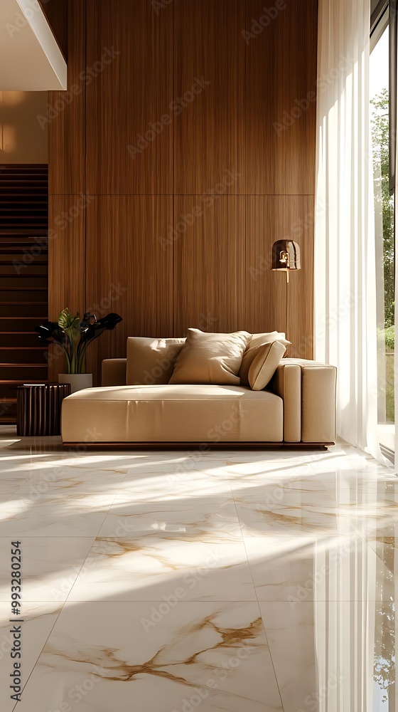 Modern Minimalist Illustration: Tan Sofa, Wood Paneling, and Sunlight Modern Minimalist Illustration: Tan Sofa, Wood Paneling, and Sunlight