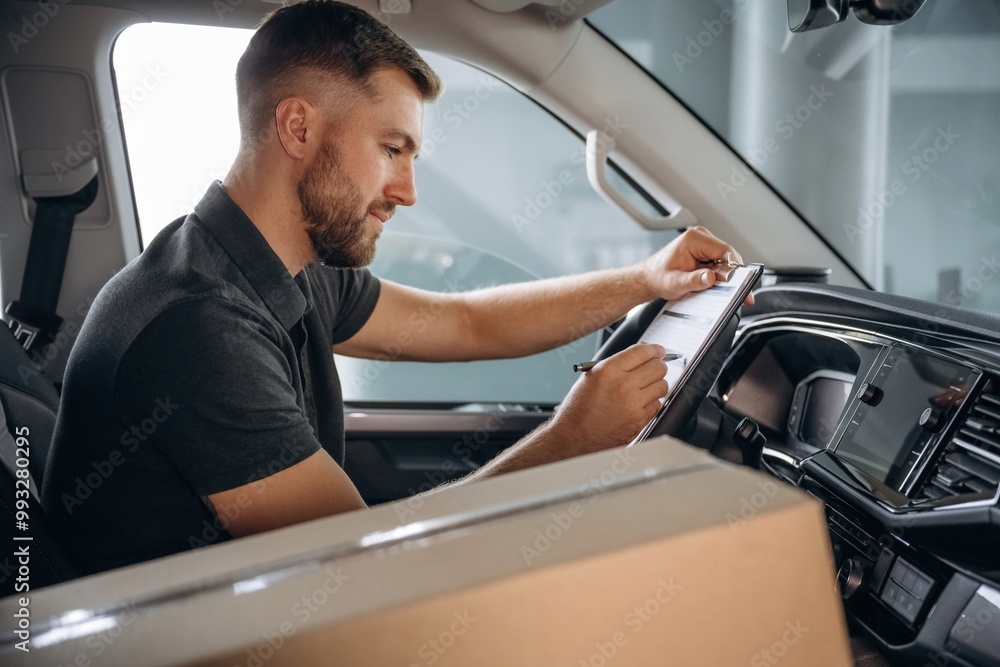 Writing in the notepad document. The delivery man or a loader is in the car with box Writing in the notepad document. The delivery man or a loader is in the car with box