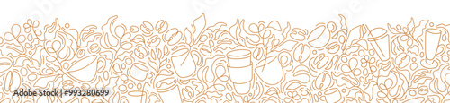 Coffee line backdrop. Farm plantation, bean, cups