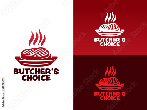 Title Steak on plate, steam rising, Butchers Choice logo design. Ideal for restaurant menus, food blogs, cooking websites, and butcher shop advertisements. EPS Layered Vector File