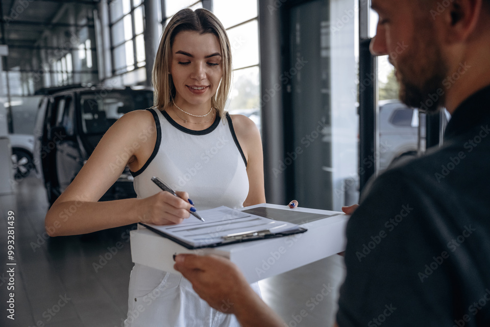 Hands, customer is bought the stuff. Woman is taking her order from delivery man, with the car Hands, customer is bought the stuff. Woman is taking her order from delivery man, with the car