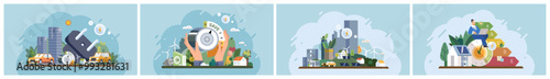 Clean energy concept. Four scenes highlight solar panels, a wind turbine, urban structures utilizing green energy, and eco-conscious city living. Ideal for sustainability, renewable resources
