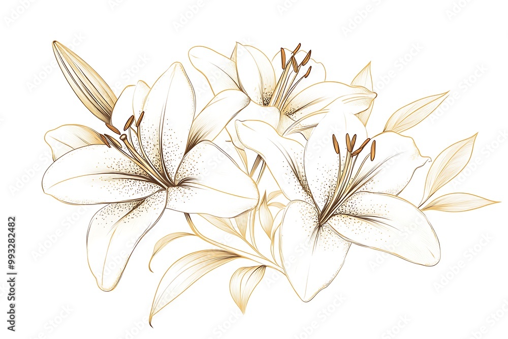 Golden lily flowers line art isolated on white background. Luxury lilies floral design elements for invitation, wedding, wallpaper, print template Golden lily flowers line art isolated on white background. Luxury lilies floral design elements for invitation, wedding, wallpaper, print template