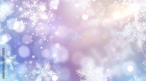 Beautiful winter scene with delicate snowflakes and ice crystals on a light blue bokeh background, perfect for Christmas and seasonal designs, holiday cards, and winter-themed marketing materials. 