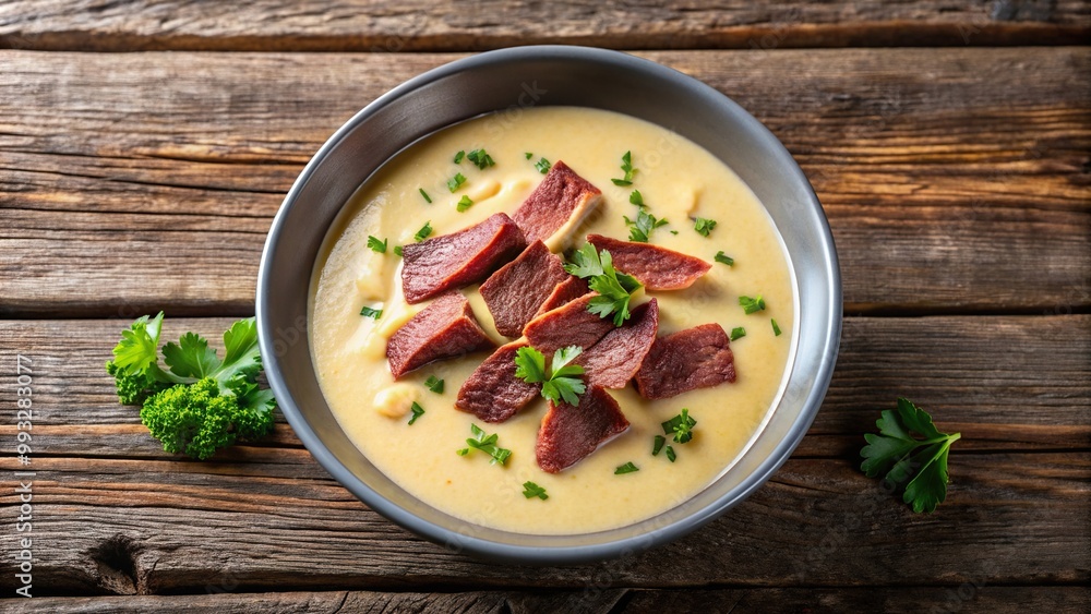 comfort food, culinary, traditional, soup, bird's eye view, appetizing, dinner, flavorful, cured beef brisket, Cream of mustard soup with cured beef brisket Bird s Eye View comfort food, culinary, traditional, soup, bird's eye view, appetizing, dinner, flavorful, cured beef brisket, Cream of mustard soup with cured beef brisket Bird s Eye View
