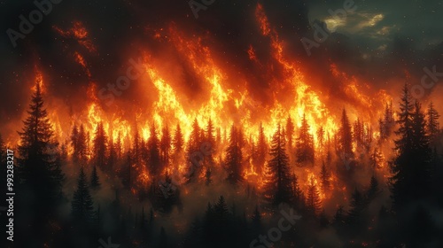 dramatic scene of a forest fire consuming trees depicted with vibrant orange and red flames contrasting against dark smoke showcasing the impact of technology on nature