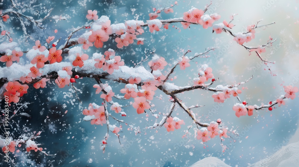 Cherry blossom branches covered in snow during winter, creating a serene and beautiful contrast in a tranquil landscape Cherry blossom branches covered in snow during winter, creating a serene and beautiful contrast in a tranquil landscape