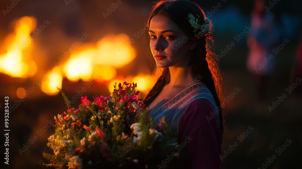 Naklejka premium Ukrainian Woman Embracing Ivana Kupala Tradition at Night: Holding Flower Wreath Amid Bonfire Glow