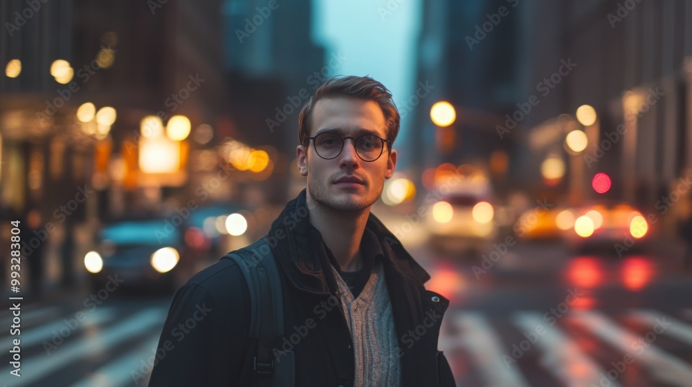 Fototapeta premium A young man wearing glasses stands confidently on a bustling city street during twilight. The background features blurred lights and vehicles, capturing the vibrant energy of urban life.