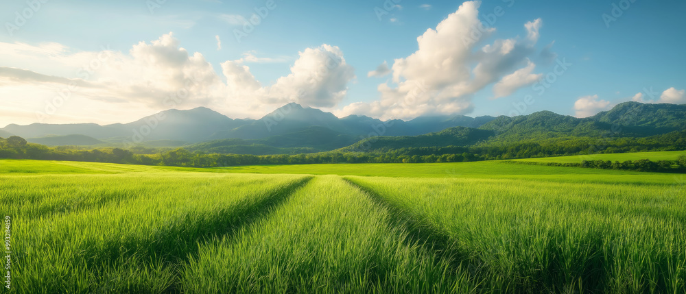 Obraz premium Lush green rice field with mountains under a blue sky