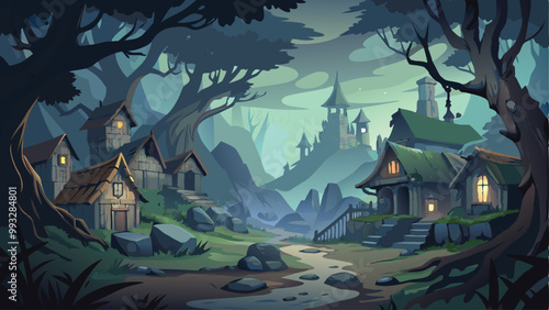 Print Village at the Edge of the Cursed Forest Halloween Background Vector Illustration with Spooky Trees and Eerie Atmosphere