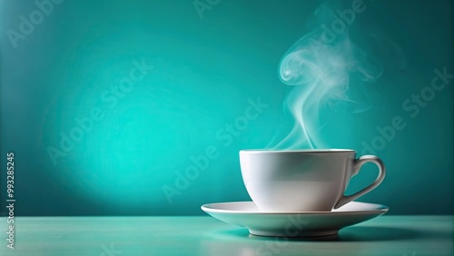 A panoramic view of a steaming white coffee cup on a saucer set against a soothing teal background creating a warm and inviting ambiance of relaxation, warmth, saucer, white coffee cup