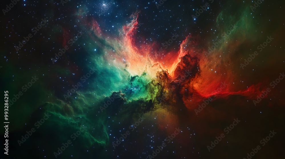 Obraz premium Cosmic Nebula with Red and Green Gas Clouds and Stars
