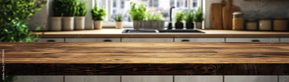 Empty Wooden Table Top with Blurred Kitchen Background - Photo Empty Wooden Table Top with Blurred Kitchen Background - Photo