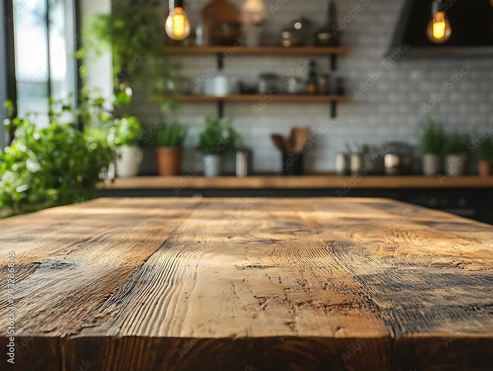 Empty Rustic Wooden Table in a Modern Kitchen Photo Empty Rustic Wooden Table in a Modern Kitchen Photo
