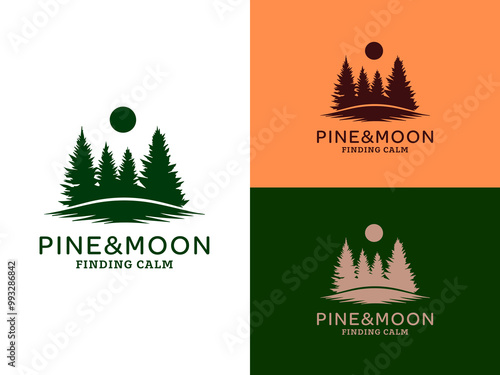 Green pine trees and moon logo design. Ideal for meditation apps, wellness blogs, and naturethemed designs. EPS Layered Vector File