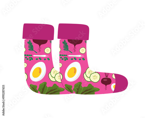 Socks with Lithuanian cold beet soup pattern. Pink soup ingredients. Egg, beetroot, cucumber, onion and dill. Isolated on white background.