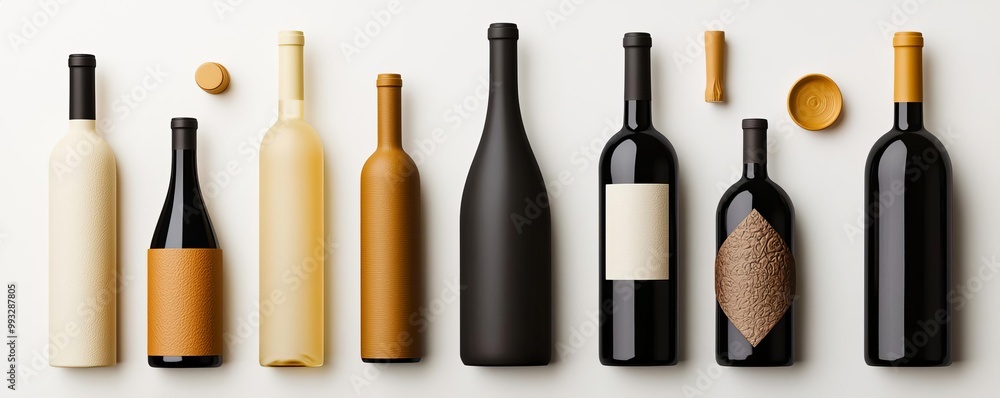 A collection of minimalist wine bottles in various shapes and colors, arranged elegantly on a white background. A collection of minimalist wine bottles in various shapes and colors, arranged elegantly on a white background.
