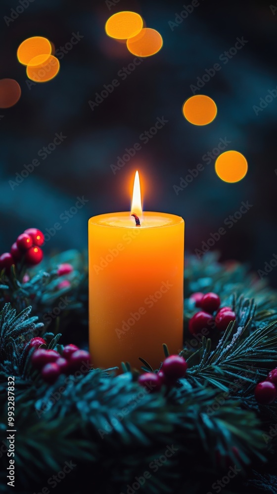 Advent wreath with one lit candle surrounded by Christmas decor and evergreen branches Advent wreath with one lit candle surrounded by Christmas decor and evergreen branches