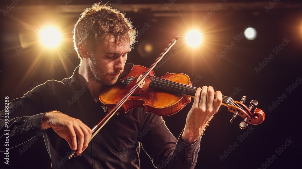 Fototapeta premium Talented Czech Violinist Performing at Prague Spring Music Festival in Beautiful Concert Hall with Vibrant Stage Lights