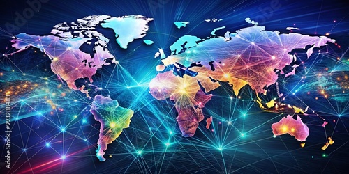 Futuristic world map with digital technology elements, showcasing global connectivity and innovation