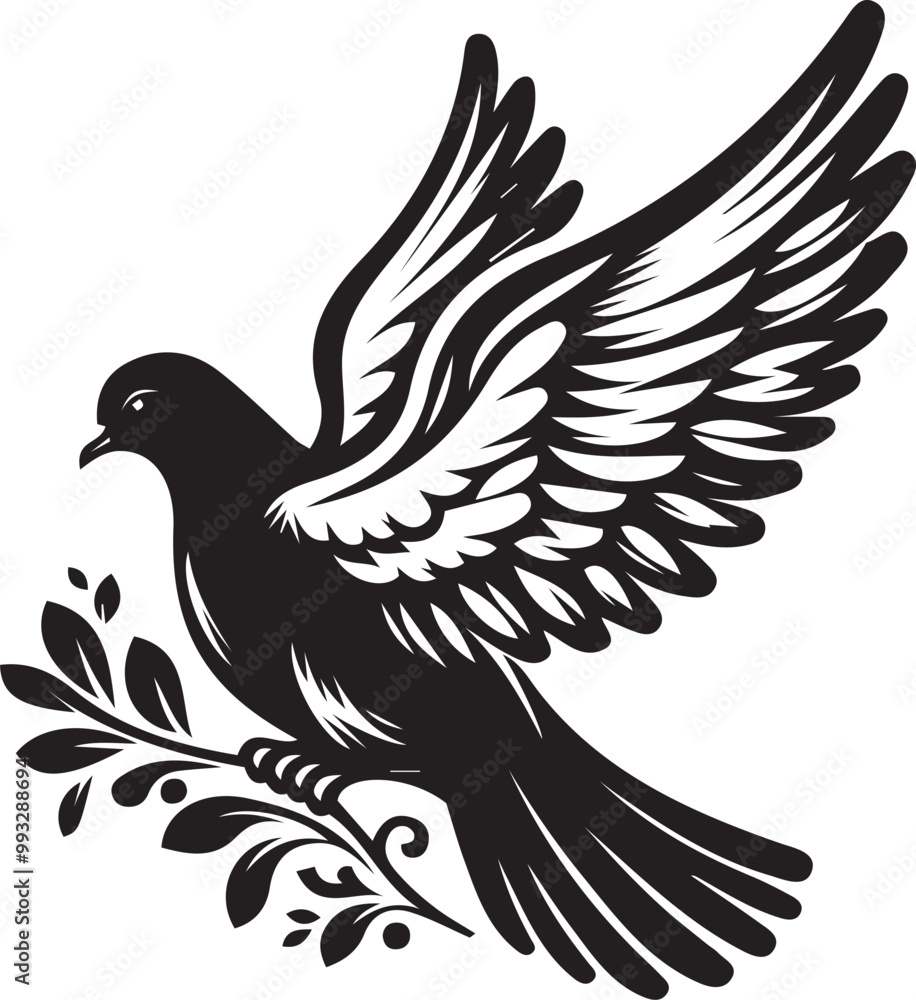 Obraz premium black dove bird silhouette vector illustration, solid white background