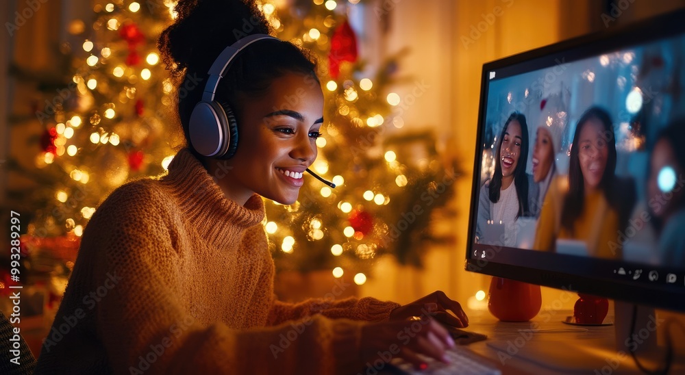 Black Woman on Video Call with Friends During Christmas – High-Resolution Zoom Party Photo Black Woman on Video Call with Friends During Christmas – High-Resolution Zoom Party Photo