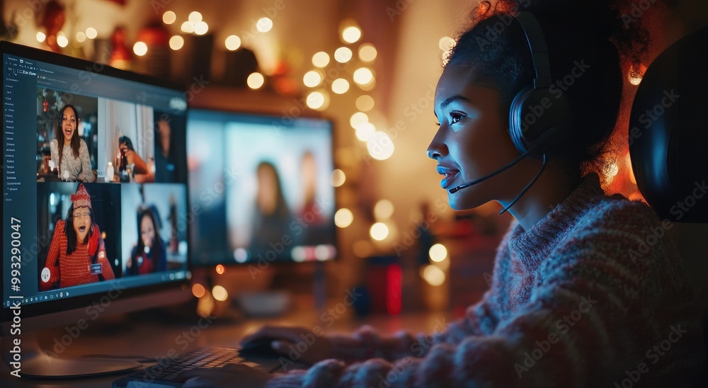 Black Woman on Video Call with Friends During Christmas – High-Resolution Zoom Party Photo Black Woman on Video Call with Friends During Christmas – High-Resolution Zoom Party Photo