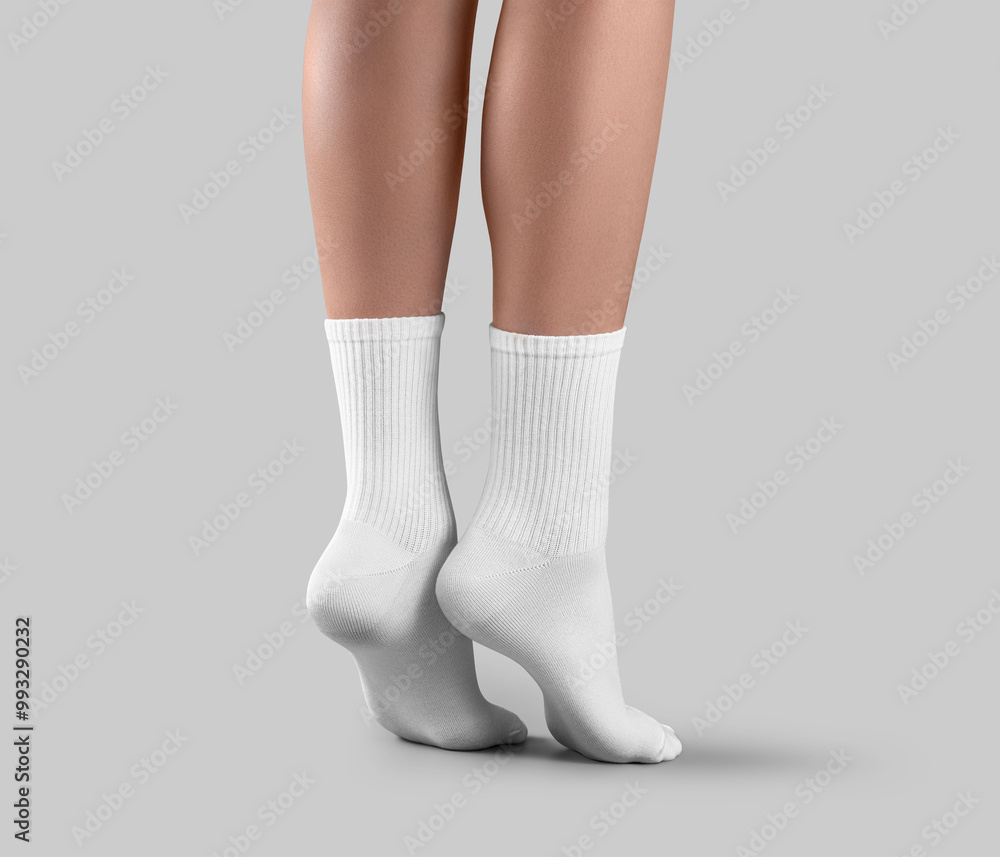 Mockup of white high tiptoe socks back view, long clothes on women ankles, for design, pattern, branding, advertising. Mockup of white high tiptoe socks back view, long clothes on women ankles, for design, pattern, branding, advertising.