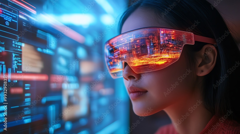 Woman wearing futuristic VR glasses looking at digital data on a screen. Woman wearing futuristic VR glasses looking at digital data on a screen.