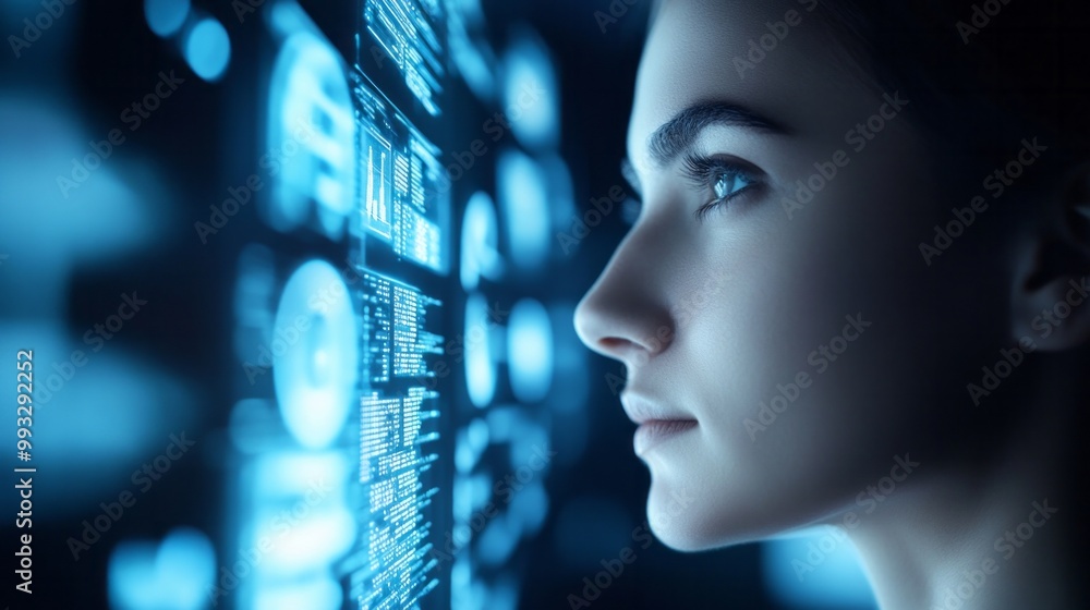 Woman Gazing at Digital Data: A Futuristic Vision Woman Gazing at Digital Data: A Futuristic Vision