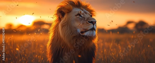 majestic lion with flowing golden mane gazing regally across savanna warm sunset light illuminating powerful features embodying strength and nobility photo