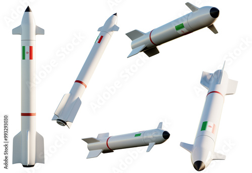 Five missiles with the Iran flag on transparent background. 3D Render	
