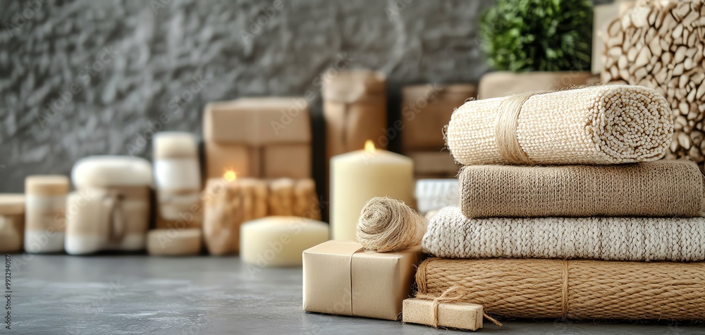 Cozy arrangement of towels, candles, and natural decor elements on a textured background. Cozy arrangement of towels, candles, and natural decor elements on a textured background.
