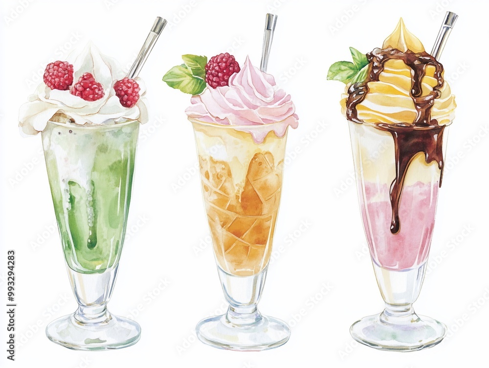 Watercolor Illustration of Three Delicious Milkshakes.