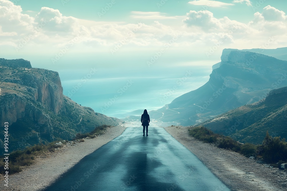 Lone Traveler on Winding Road Disappearing into the Distant Horizon of Boundless Landscape Lone Traveler on Winding Road Disappearing into the Distant Horizon of Boundless Landscape