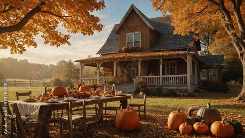 Rustic wooden farmhouse with wraparound porch surrounded by autumn foliage, pumpkins, and picnic table set up in foreground