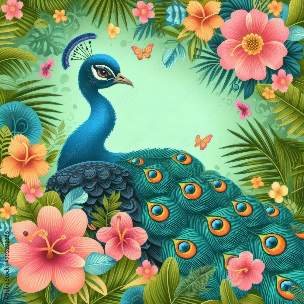 Vibrant peacock surrounded by colorful tropical flowers and butterflies. Vibrant peacock surrounded by colorful tropical flowers and butterflies.
