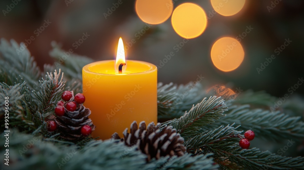 Advent wreath with one lit candle surrounded by Christmas decor and evergreen branches Advent wreath with one lit candle surrounded by Christmas decor and evergreen branches
