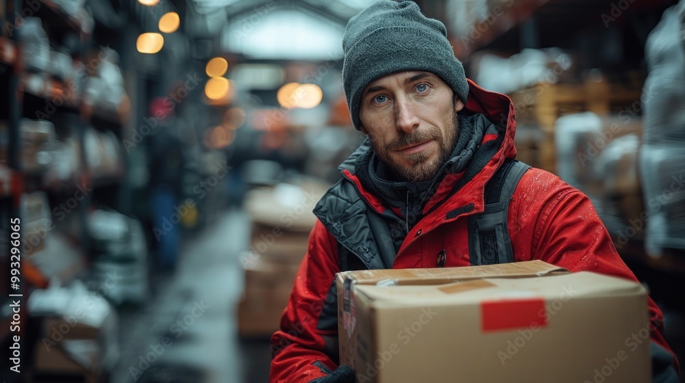 A determined worker navigates a bustling warehouse while carrying a package during a rainy day. Generative AI A determined worker navigates a bustling warehouse while carrying a package during a rainy day. Generative AI