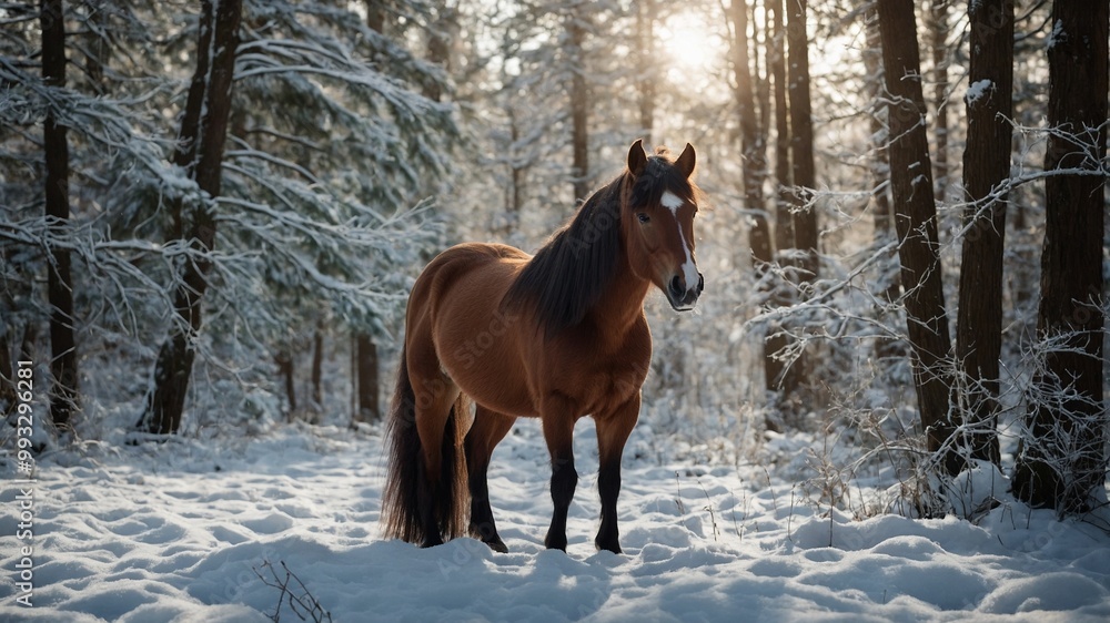 Brown horse standing in snowy forest with sunlight peeking through trees Brown horse standing in snowy forest with sunlight peeking through trees
