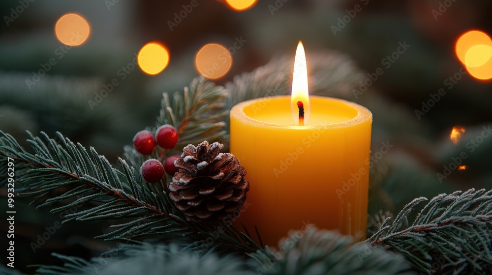 Advent wreath with one lit candle surrounded by Christmas decor and evergreen branches Advent wreath with one lit candle surrounded by Christmas decor and evergreen branches