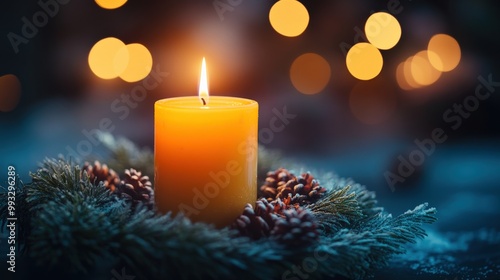 Advent wreath with one lit candle surrounded by Christmas decor and evergreen branches