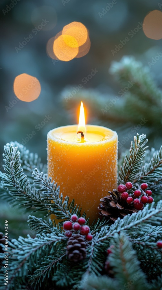 Advent wreath with one lit candle surrounded by Christmas decor and evergreen branches Advent wreath with one lit candle surrounded by Christmas decor and evergreen branches