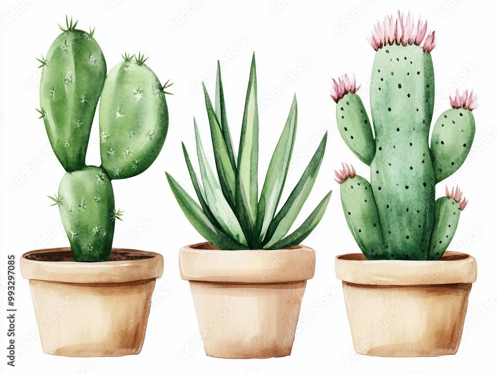 Fototapeta premium Cactus and Succulents in Pots in the Watercolor style