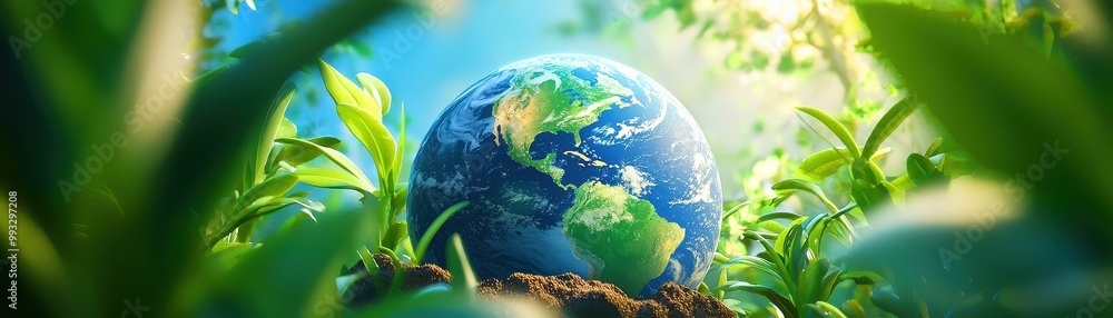 Fototapeta premium Earth is surrounded by green plants and soil