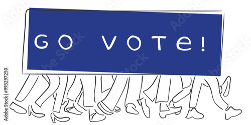 Hand drawn line art vector of people going to cast their vote with the banner saying go vote.