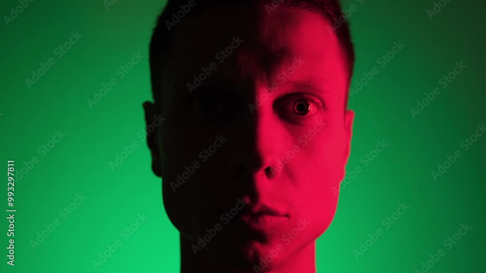 Close-up of a man's face in dramatic red and green neon lighting, evoking a mysterious, cinematic atmosphere. Close-up of a man's face in dramatic red and green neon lighting, evoking a mysterious, cinematic atmosphere.