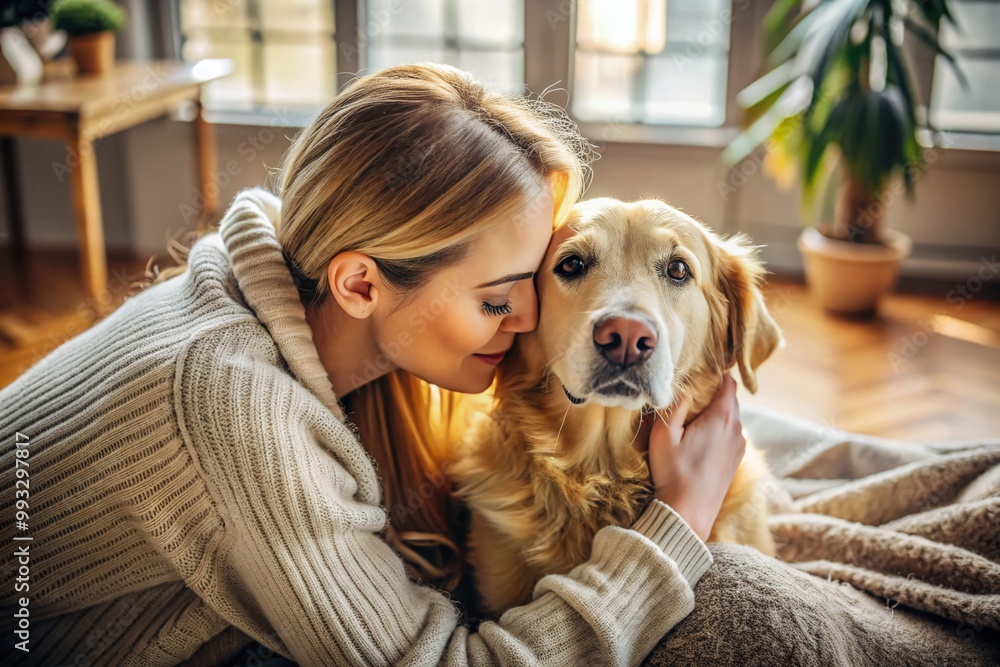 Heartwarming Bond Between Pet and Owner in a Cozy Isolated Setting with Natural Light and Soft Textures Heartwarming Bond Between Pet and Owner in a Cozy Isolated Setting with Natural Light and Soft Textures